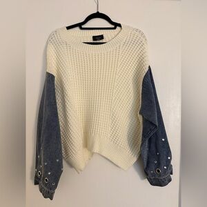 Vici Ivory Knit Sweater with Denim Sleeves